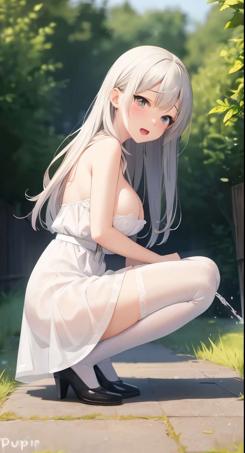 Big Breasts:1.2、、Highest quality、Very detailed、Highly realistic eye masterpiece、Highest quality、Very detailed、Gray Hair、Perfect Face、Long Hair、White Dress、Sundress、anime、countryside、Gutter Belt、White Stockings、Pussy、{{{{{M-shaped legs}}}}}、nsfw、Love juice、Semen、Acme、sit、Urinating、Squirting、Pee、Drooping liquid、From the side
