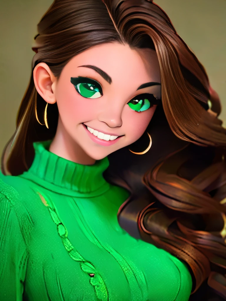 A stunning masterpiece of a high-res portrait of a beautifully detailed girl with long, shiny brown hair and mesmerizing green eyes, wearing a cozy sweater and flashing a gorgeous smile that accentuates her small yet perfectly-formed breasts.