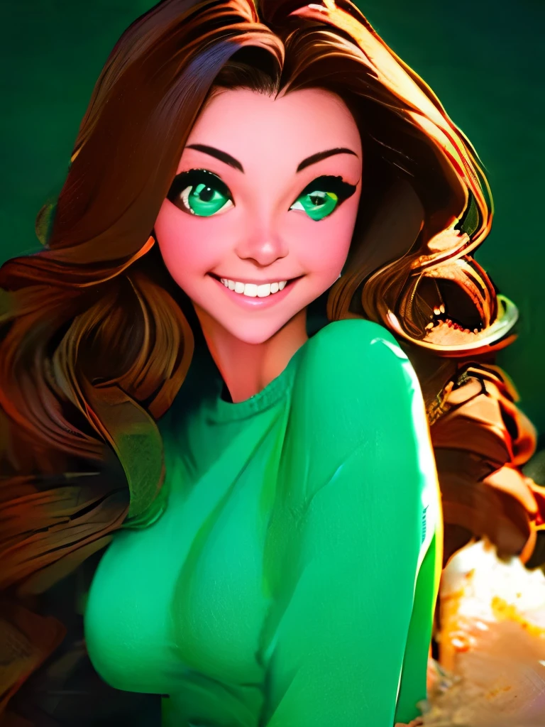A stunning masterpiece of a high-res portrait of a beautifully detailed girl with long, shiny brown hair and mesmerizing green eyes, wearing a cozy sweater and flashing a gorgeous smile that accentuates her small yet perfectly-formed breasts.