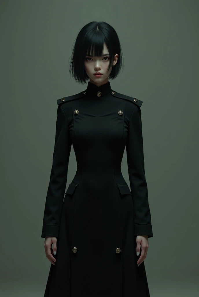 Touka in a masculine cut dress in dark tones such as black or military green. The dress would have an androgynous style with marked shoulders and a straight silhouette to reflect her personality..