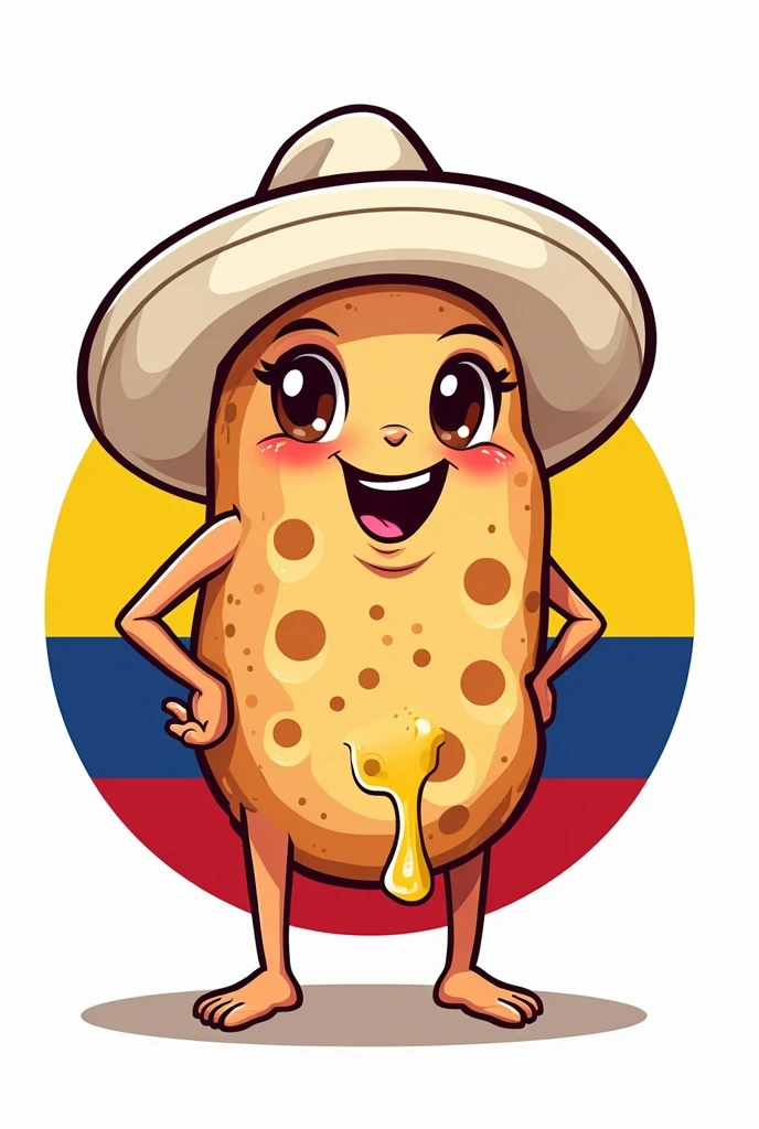 Logo of a round white Colombian paisa arepa with cheese , sensuous ,provocative cartoon type personified with a white Aguadeño hat, Cross rail,happy, all on white background . Colombian flag