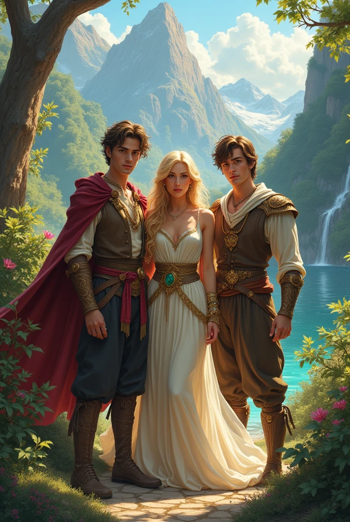 Fantasy Boys, two handsome young brown haired men and a blonde girl full body