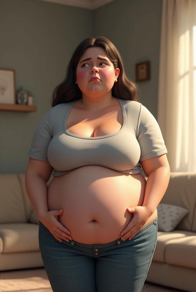 Create a fat belly girl, her belly is bloated and gassy, she burps for releasing the pressure in her belly, wich is bloated, and gurgling