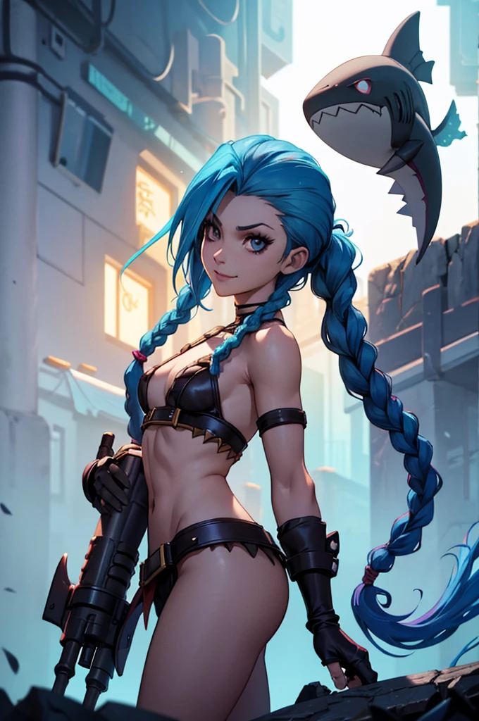 Jhinx, arcane, Jhinx character from League of Legends, long neon blue hair in braids, Perfect small breasts, scantily clad, underwear, Sex Woman, perfect hands, double hair braids, Braided hair, Minipistola, Juxtaposition of light& shadow, moody, intense, feroz, cinematic lighting, rake light, Long luminous shadows, high quality, smiling while holding a shark-shaped rocket launcher, anime style face, perfect body, Minishort estilo jinx league of legend