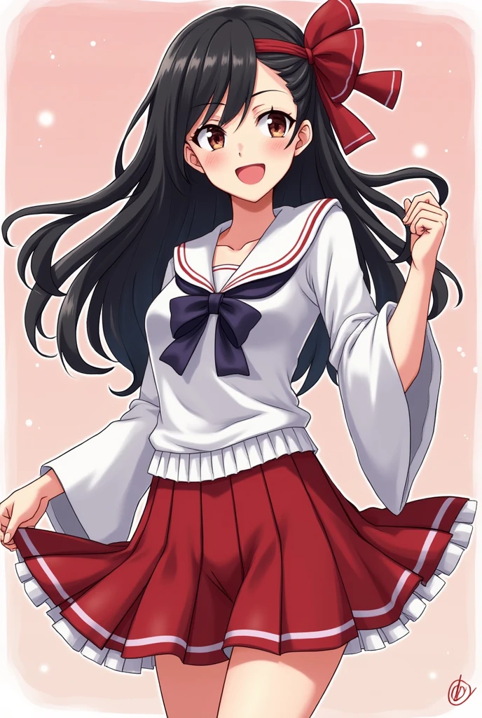 Please describe an image where nezuko (Kimetsu no yaiba person) her underwear can be seen under her skirt 