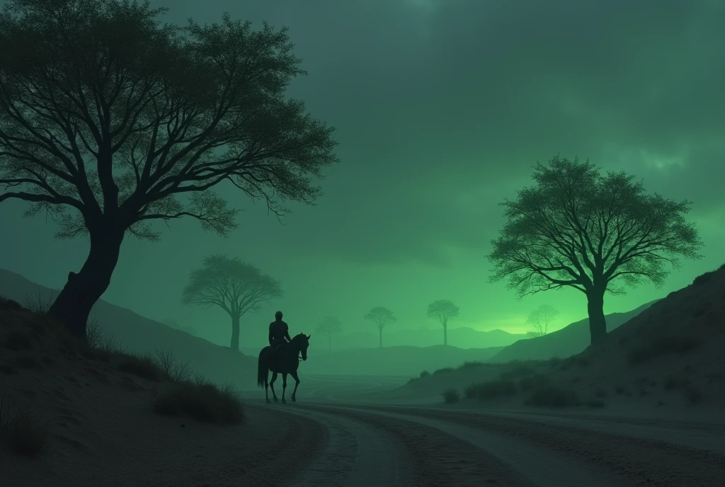 Dark and realistic medieval desert landscape, with gray sky and environment, with leafy trees and leaves that glow in neon green colors standing out in the landscape and a medieval knight with his horse seen in the great distance