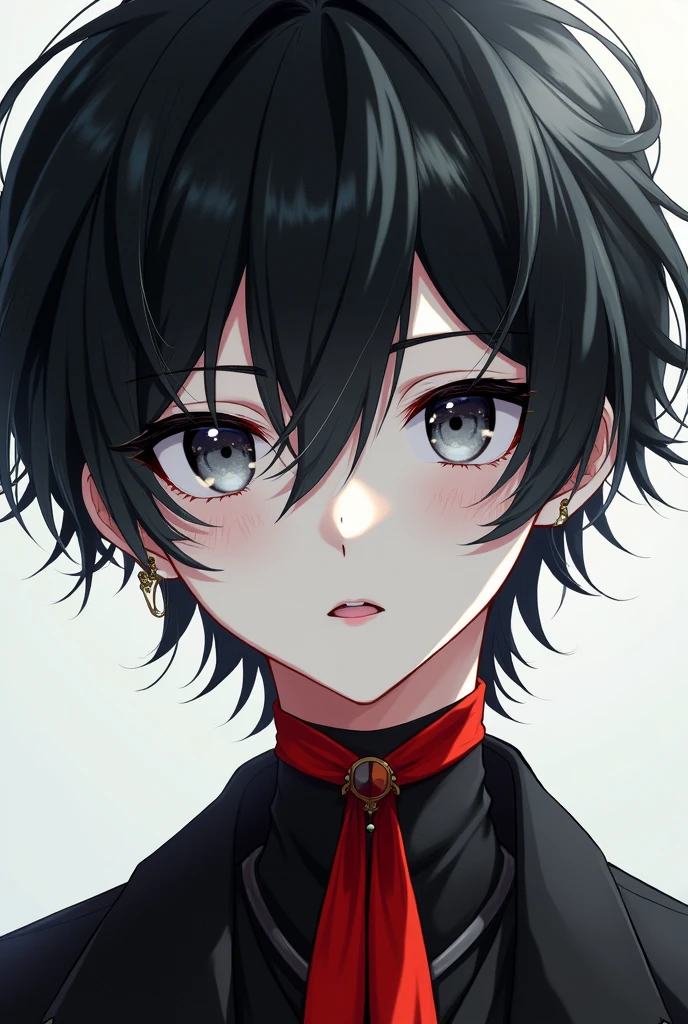 Anime boy, face image, black skin, white skin, gray eyes, red neck