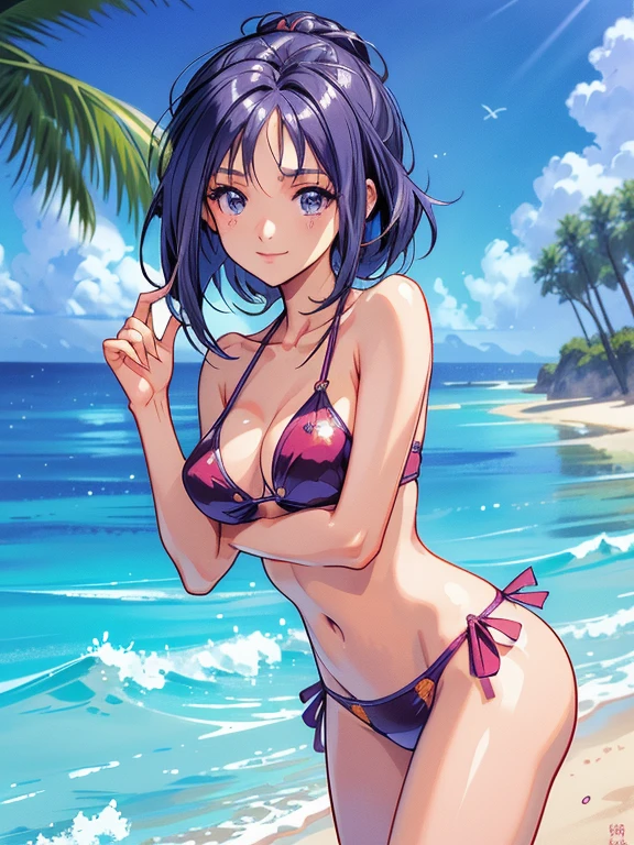 masterpiece, High resolution, Highest quality, Very detailed, Beach, ((masterpiece)),((Ayako Katagiri)),((Katagiri Ayako)),((Mischievous Smile)),Anatomically perfect fingers,Bikini Swimwear