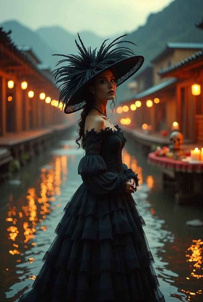 Hiperrealistic cinematic poster of a woman wearing a blue gothic vintage dress and a vintage hat adorned with ostrich feathers, standing in front of a Day of the Dead ofrenda with sugar skull. The scene is illuminated with orange-tinted lighting, creating a warm and mystical atmosphere. The woman has traditional Catrina makeup, blending elegance with cultural heritage. Behind her, there is a natural water canal surrounded by natural wood and mountains beside the chanel with land, with a bokeh effect in the background. Soft raindrops fall, gently illuminated by the candlelight in the background. The poster has a standard cinematic size of 24x36 inches. Ultra-detailed, 4K resolution." 4k, hyperrealistic, cinematic lighting, vintage fashion, Day of the Dead, Catrina makeup, orange lighting, bokeh