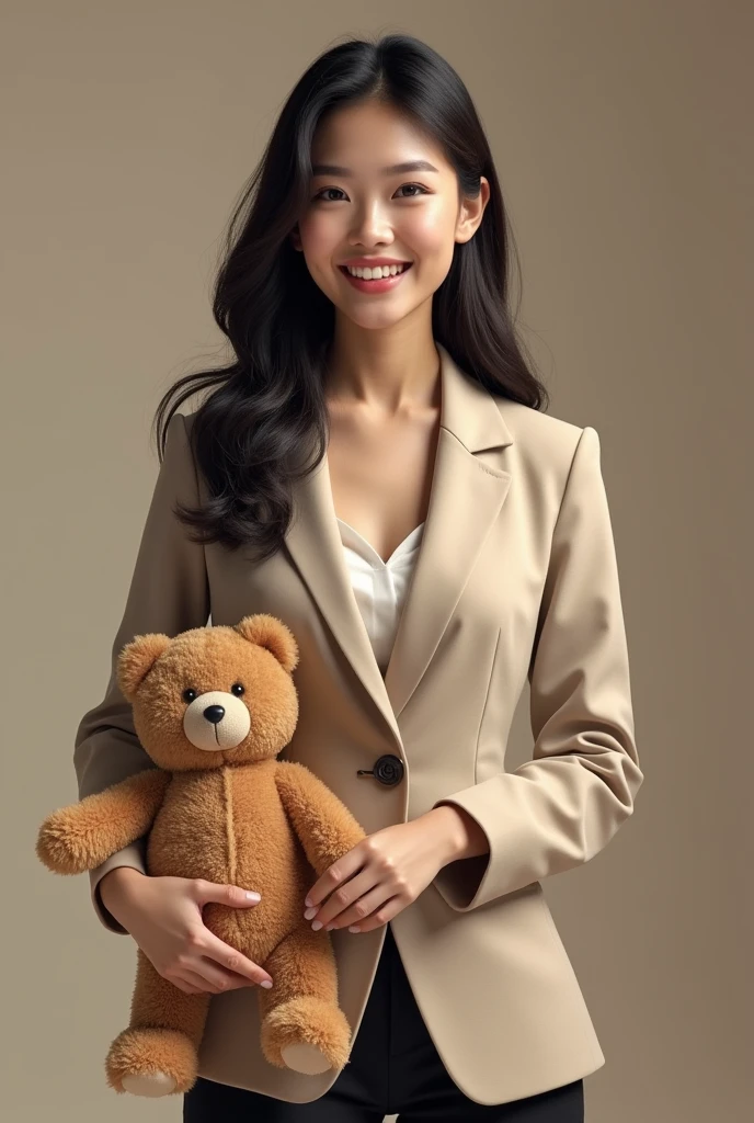 Create an 18-year-old Asian businesswoman, standing and holding a teddy bear in her hand. She is smiling with a cute and charming face. The image is full-body, and she is dressed in a stylish blazer that is slightly revealing. The overall appearance is youthful and successful