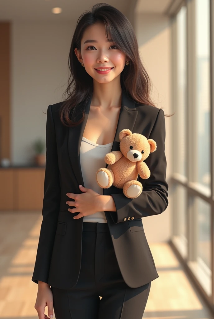 Create an 18-year-old Asian businesswoman, standing and holding a teddy bear in her hand. She is smiling with a cute and charming face. The image is full-body, and she is dressed in a stylish blazer that is slightly revealing. The overall appearance is youthful and successful