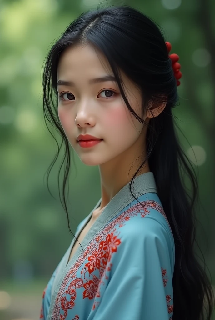 “A young Karen girl with long black hair, wearing a traditional light blue Karen dress with red embroidery…”