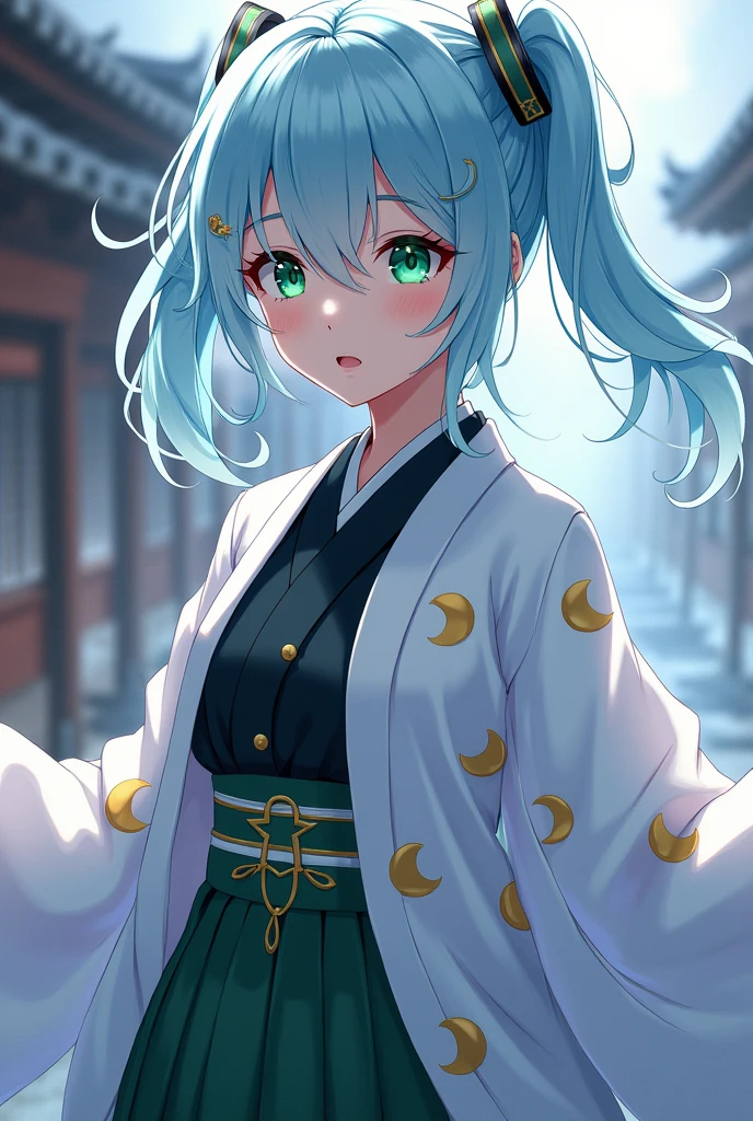 Demon slayer template that is a girl who has light blue hair and at the tips of her hair that wears white, her uniform that is like Kanao&#39;s and her kimono that is white and that has moons and green eyes of Demon Slayer 