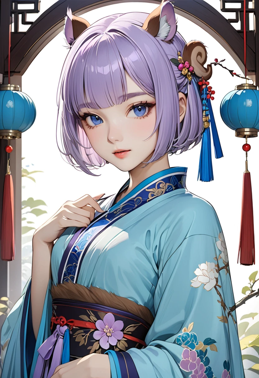 ((best quality)), ((Masterpiece)), (details), Young woman, small breasts, light purple hair, blue eyes, ((short hair)), Bangs , cute face, Squirrel ears, Beautiful skin,Hanfu , ancient chinese dress ,decorations,hair accessories