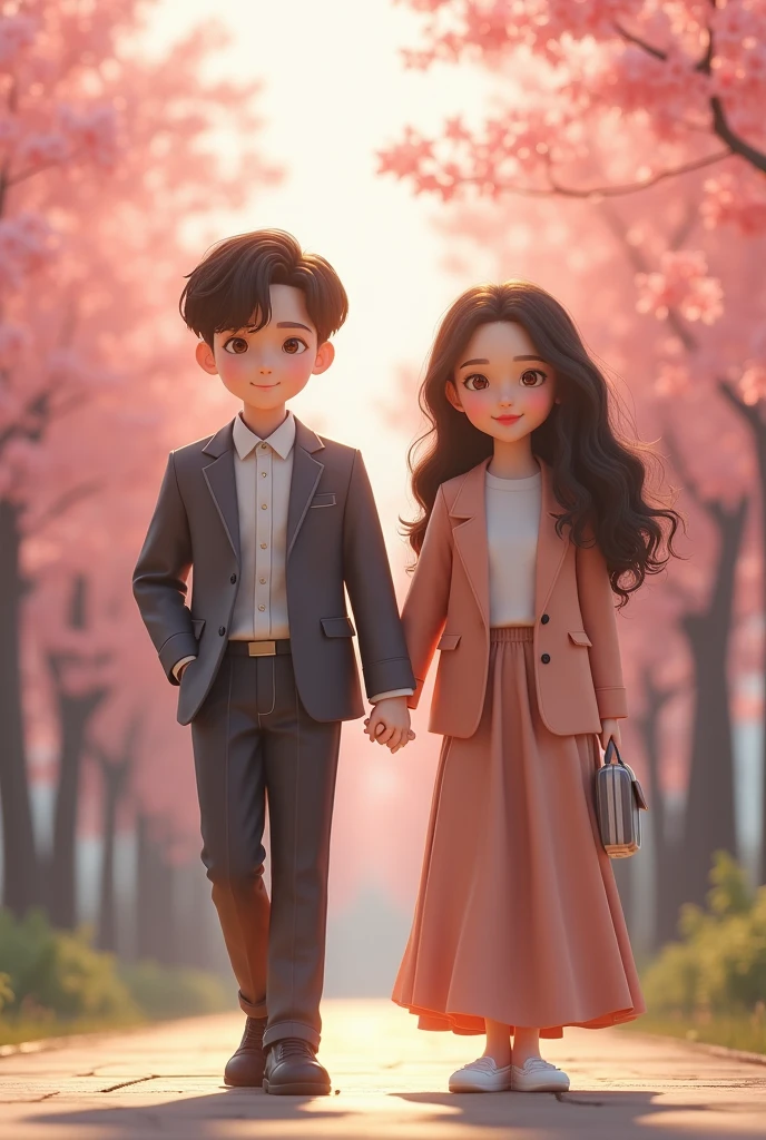 size：1242x2688 pixels，C4D Model，Youthful mature Korean young couple，The eyes of boys and girls have a sense of brushing，A brown girl with long curly hair wearing a casual long skirt suit and a small backpack，Boys short brown hair，Wearing a casual and handsome suit，hand in hand，Both of them looked forward，The two of them are full of hope for the future，Spring blooming season，Peach blossoms in full bloom in spring，highly，Volumetric light，happy up view ，Ultra HD 8k，webp