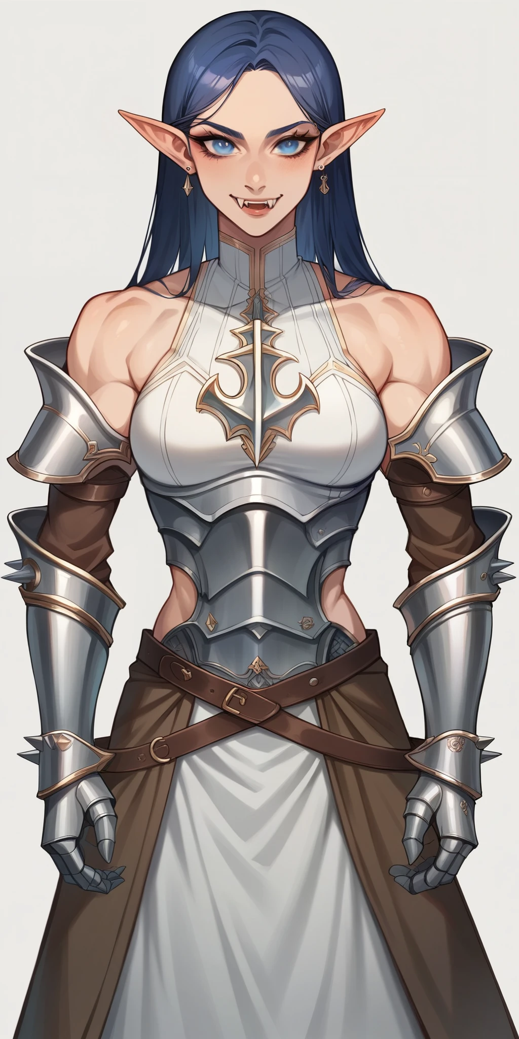 In a seamless blend of features, she possesses blue-azure skin, sharp elf-like ears, and a toned, athletic build. Her prominent fangs and piercing, icy-blue eyes add to her striking appearance. Dark blue hair cascades gracefully to her shoulders. Clad in fully enclosed attire, her outfit is predominantly azure with intricate brown accents and mystical engravings, evoking a medieval fantasy style. Broad, spiked pauldrons, reinforced gauntlets, and sturdy greaves complete her ensemble, highlighting a balance of elegance and otherworldly grace.
