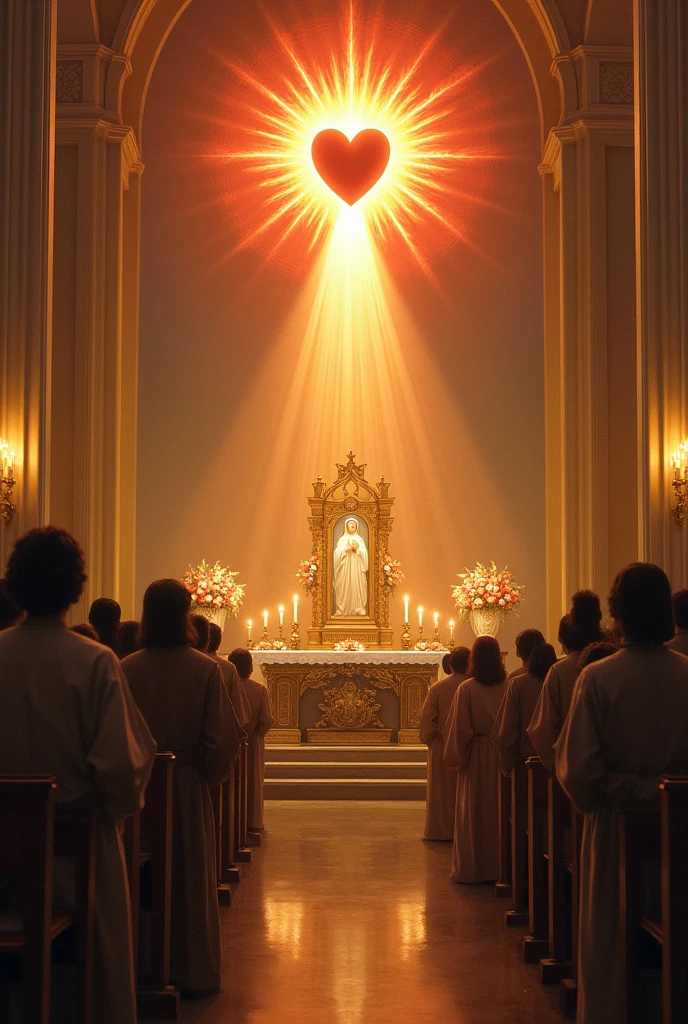 a scene of the celebration in the church, focusing on the faithful gathered in prayer in front of an altar decorated with flowers. At the bottom, You would represent the Sacred Hearts of Jesus and Mary, shining with a golden glow. You can use soft colors for the figures and the church., while the Sacred Hearts could stand out in vibrant shades of red and gold. The candlelight and the peace on the faces of the faithful would add a spiritual touch to the painting..