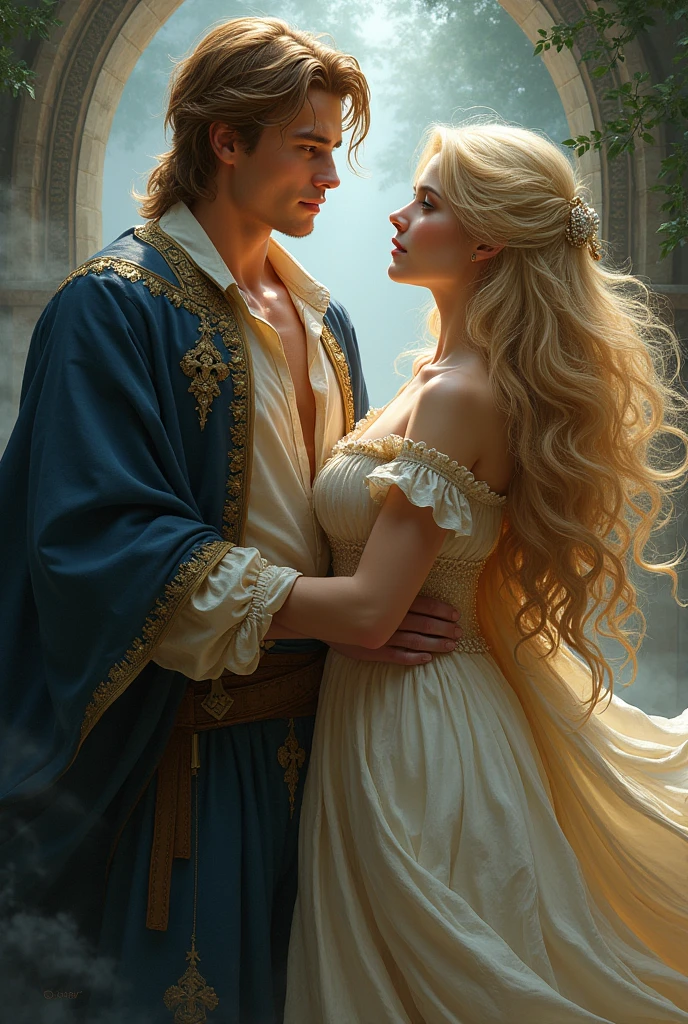 Fantasy Boys, two handsome young brown haired men and a blonde girl full body