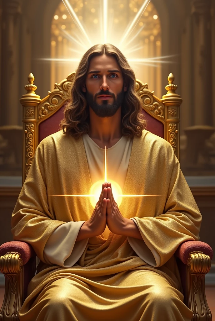 Perfect hand 5 finger, Portrait of a handsome Jesus Christ and baby Jesus Christ. wearing gold clothes shining the light from his head and heart all over. Sitting in the throne of the palace, handsome Jesus Christ and baby Jesus Christ, real blue eyes, sunny day, intricate details.real handsome Jesus Christ and baby Jesus Christ, straight head face, Straight body.Prayer handsome Jesus Christ and baby Jesus Christ, perfect full body, perfect hands finger,Prayer handsome Jesus Christ and baby Jesus Christ, praying handsome Jesus Christ and baby Jesus Christ backgrounds natural photographic