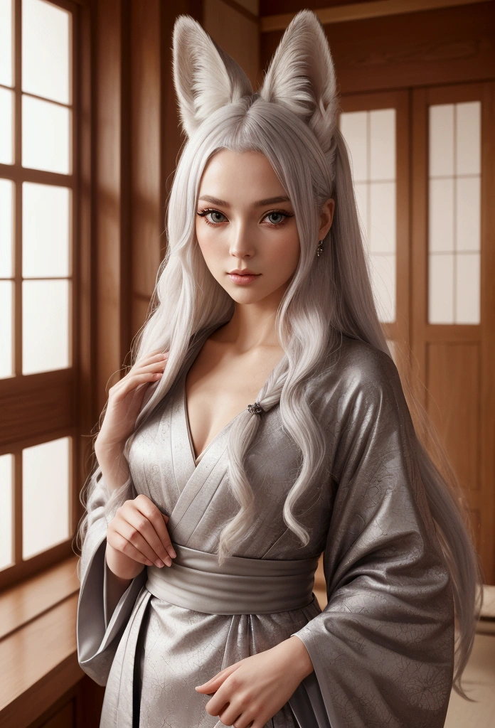 Height 182 cm, Her hair is silvery white, your ears are big like a fox&#39;s. With violet pupils similar to a fox&#39;s. She has a white tail, dressed in kimono