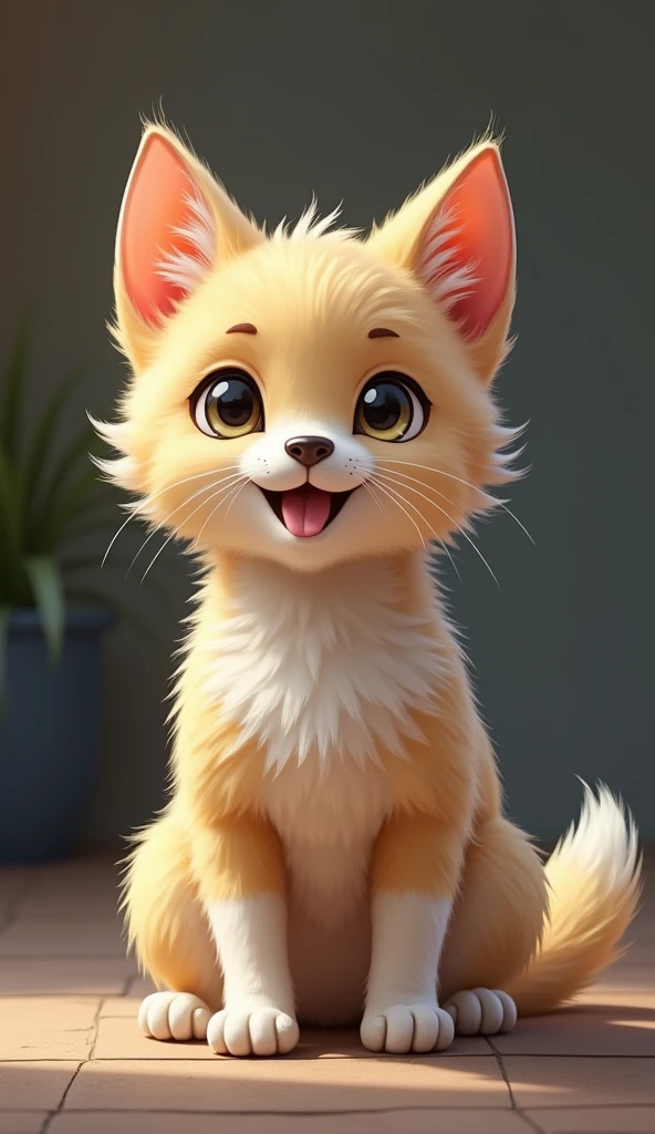 I want you to create an animal with the following description:
Name: Gaterrito.
Appearance:
Size: little, similar to a kitten or small breed puppy.
body: Compact, with a structure similar to that of a cat, but with a slightly more robust constitution, like that of a small dog.
paws: Short and delicate, Combining the agility of a cat with the stability of a dog.
ears: Medium long and pointed, A cross between the erect ears of a cat and the slightly drooping ears of a dog..
eyes: big ones, expressive and round, with the depth of a dog's eyes and the curious sparkle of a cat's eyes.
snout: little y suave, with a shape intermediate between the snout of a dog and the short snout of a cat.
cola: Long and soft fur, like a cat's, but a little thicker, similar to that of some small dog breeds.
fur: soft and fluffy, with colors that could vary between the typical shades of cats (like the tabby or the bicolor) and the most common color combinations in dogs.
Behavior:
Character: Sweet and playful, combining the independence of a cat with the loyalty and sociability of a dog.
sounds: It makes a sound that is a mix between a soft meow and a small bark., a kind of "meow-bark" adorable.
Skills: Can climb like a cat, but he is also a good runner like a dog. He likes to cuddle like a cat, but he also enjoys going out for a walk like a dog.
This little cat would be the perfect pet for those who love both cats and dogs., offering the best of both worlds in a tender and compact being.
