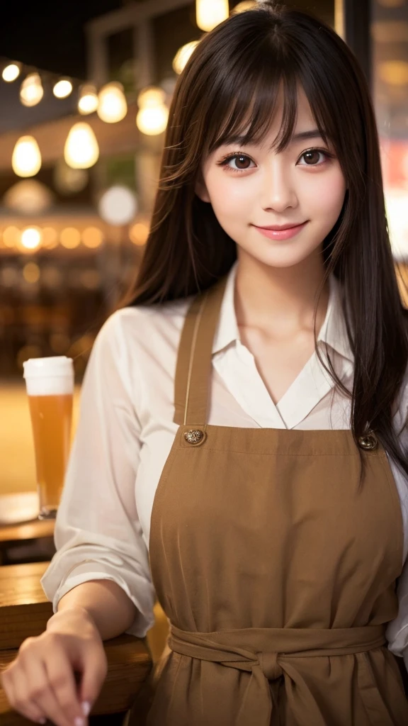 Cute girl working at a cafe terrace　Japanese　１９age　
Professional Lighting　Digital SLR　Beautiful and elaborate face　Perfect and beautiful face　Big eyes Smile