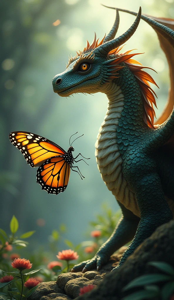 Realistic butterfly  and a dragon in one picture 