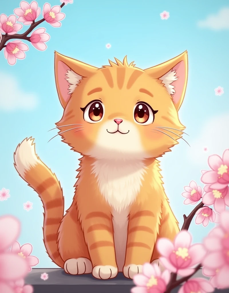 orange tabby cat,cute,cherry_blossoms,blue sky