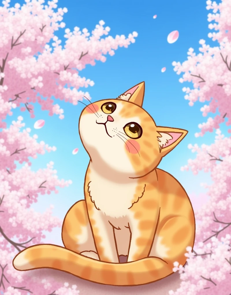 orange tabby cat,cute,cherry_blossoms,blue sky