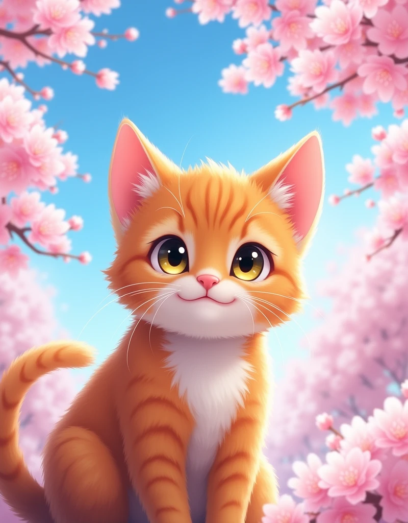 orange tabby cat,cute,cherry_blossoms,blue sky