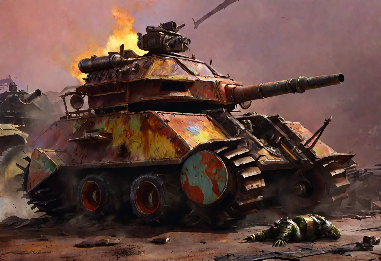 a heavily armored Ork tank, scrap metal, made of junk, insane paint job, 2 huge turrets, flames shooting out exhaust, painting of Mork, Warhammer 40k, post-apocalyptic, war-torn planet, dystopian, gritty, weathered, battle-scarred, weathered metal, battle-damaged, rust, grime, weathered, battle-worn, high detail, highly detailed, realistic, cinematic, dramatic lighting, moody, dark, intense, gritty, atmospheric