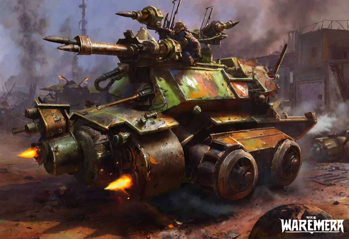 a heavily armored Ork tank, scrap metal, made of junk, insane paint job, 2 huge turrets, flames shooting out exhaust, painting of Mork, Warhammer 40k, post-apocalyptic, war-torn planet, dystopian, gritty, weathered, battle-scarred, weathered metal, battle-damaged, rust, grime, weathered, battle-worn, high detail, highly detailed, realistic, cinematic, dramatic lighting, moody, dark, intense, gritty, atmospheric