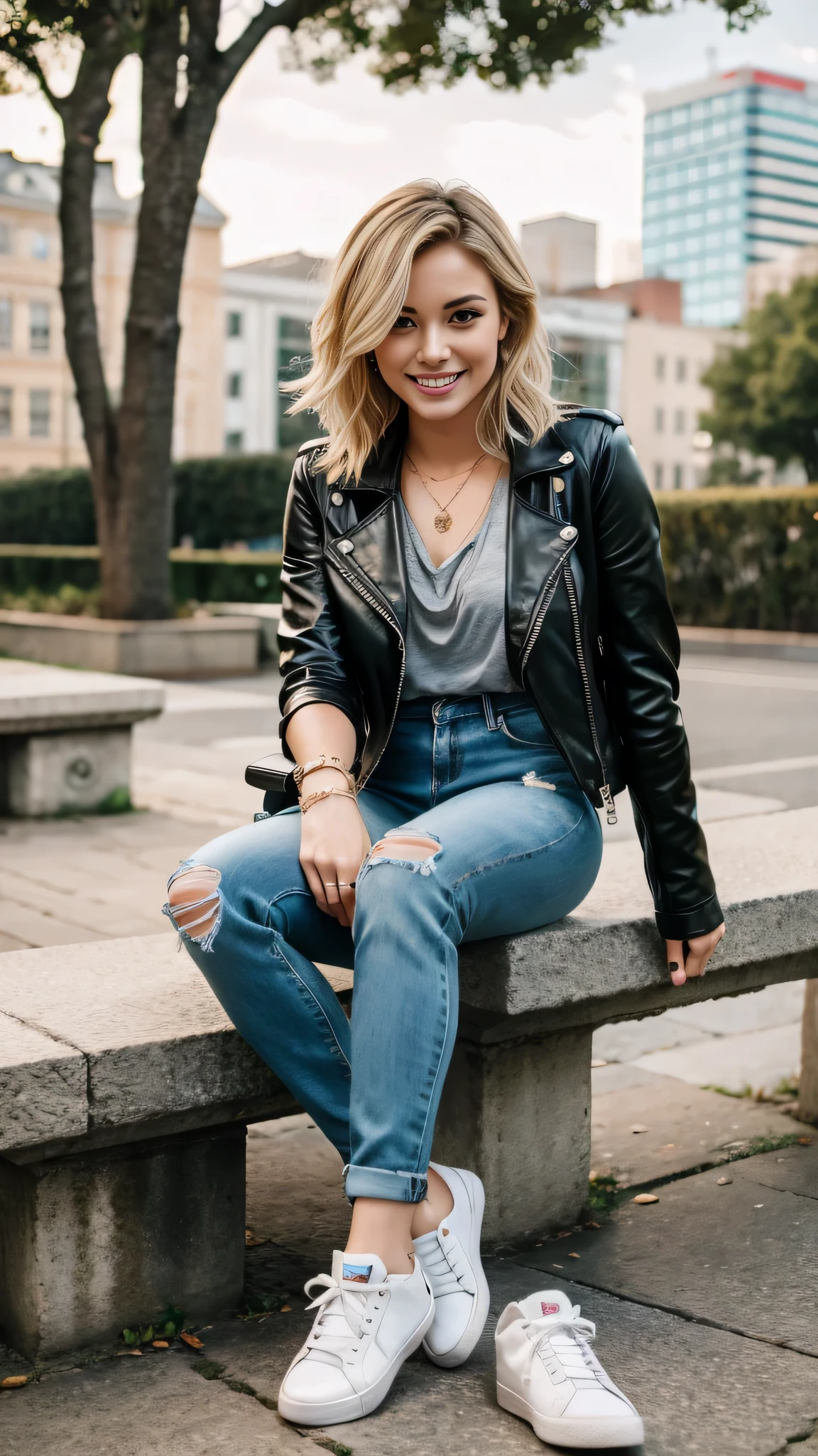 Super Resolution、Beautiful Russian Women、Full body photo、sitting on a park bench、Short Haircut、Blonde Hair、Wavy Hair、Ear piercing、necklace、leather jacket、shirt、Skinny jeans、sneakers、smile、Beautiful teeth alignment