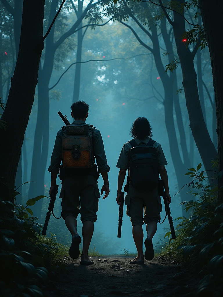 Two Cambodian hunters carrying guns carrying a treasure chest through the forest, scary in the evening with many red eyes watching