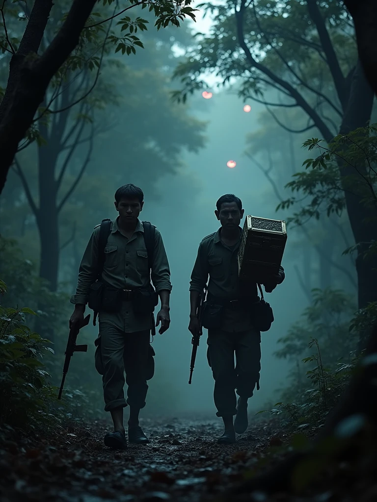 Two Cambodian hunters carrying guns carrying a treasure chest through the forest, scary in the evening with many red eyes watching