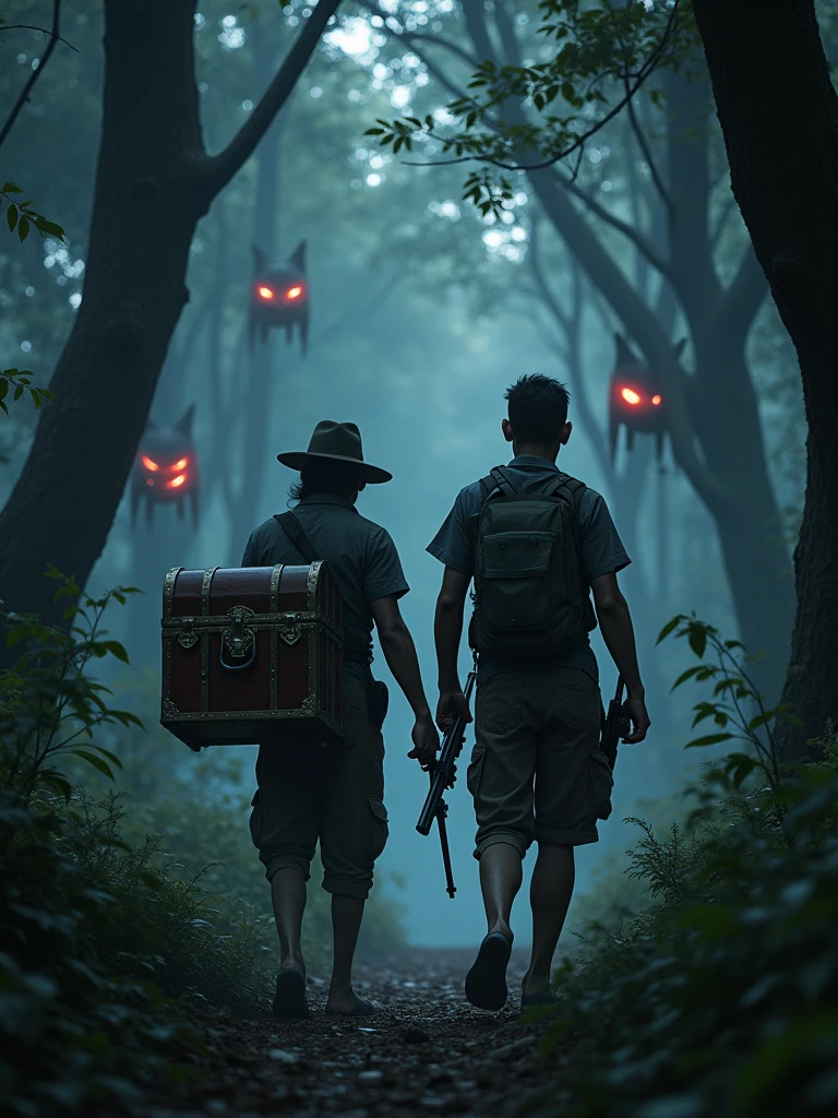 Two Cambodian hunters carrying guns carrying a treasure chest through the forest, scary in the evening with many red eyes watching