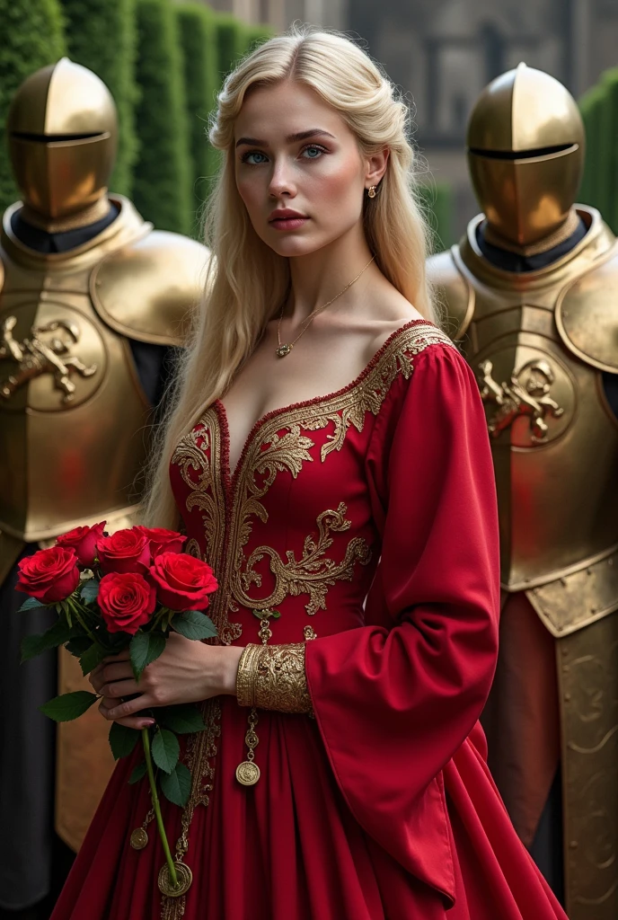 Create a young blonde blue-eyed Lannister woman in a red dress with golden lion details cutting roses in a castle garden being escorted by two knights in golden lion armor