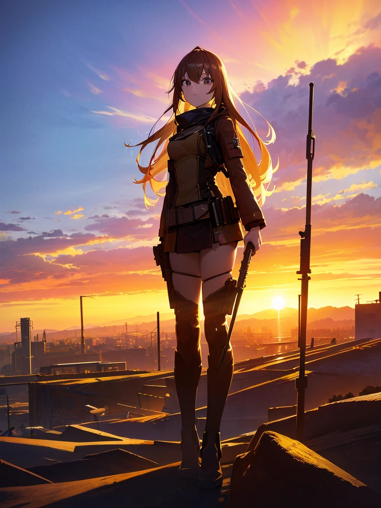 (masterpiece:1.2, Highest quality),(Colored Background) (Beautiful attention to detail: 1.2), (Highly detailed CG Unity 8K wallpapers, masterpiece, Highest quality, Very detailed, Best Shadow), (Detailed Background) ,arms(With a long stick),alone ,1 Robot. Cityscape, building, Skyline, sunset, Silhouette against a cloud background, meditation. Watching the beautiful sunset, sunset時に, sunset時, sunsetとともに, In the sunset, Nice views, Sunset view, With the sunset, sunset時に, During Golden Hour, looking sunset時に, Sunset in the background, Watching the sunset, In the spotlight, holding_gun, assault_rifle, Very detailed, Brown Hair, Long Hair, Anime Style, whole body, alone, Stylish Gunfighter Girl, Holding a steampunk long barrel pistol,Standing in the wasteland, 8K high resolution, White Background, The background is a dark and desolate landscape, Horror movie atmosphere. Her figure is very beautiful, Emphasizing the dark and crazy elements. Skillfully expressing the effects of light and shadow, Anime girls with guns and rifles, from Girls' Frontline, mechanized soldier girl, Girls' Frontline style