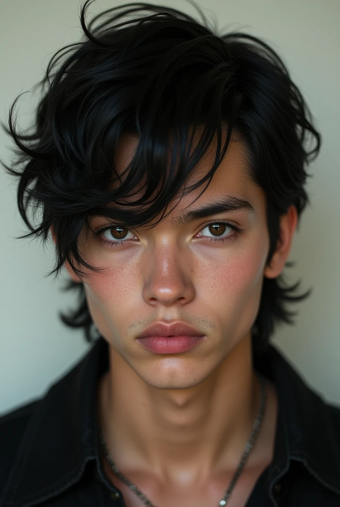 A young man with white skin and brown eyes, black hair with a mullet haircut