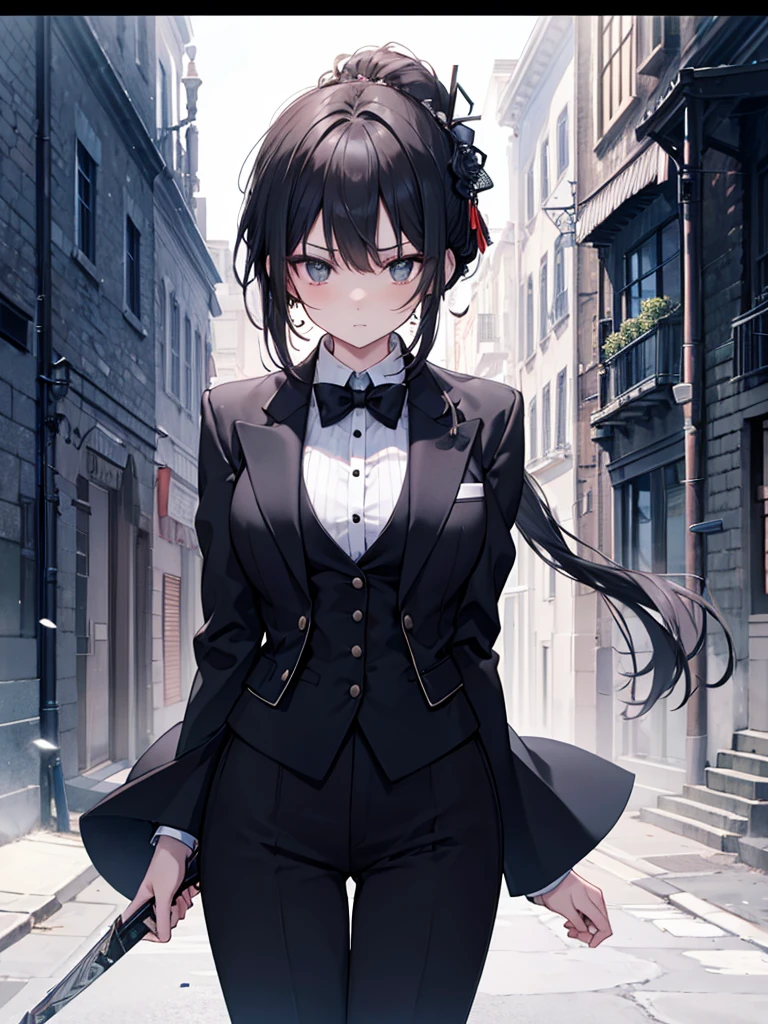 (Oriental Project)),((Black tie))All Black Costumes,(mysterious),((Assassin&#39;s Bewitching Girl)),((Long black hair blowing in the wind)),((masterpiece)),((Highest quality)),((Eyes visible through the gaps in the bangs)),((alone)),((Deep blue pupils、Shining blue eyelashes)),((Beautiful and shining eyes)),((Wearing a black overcoat)),((Wearing a black mini skirt,Wearing long black tights,((Slim body)),((Black headband)),Wearing black gloves,((Looking down on a fantastical world))