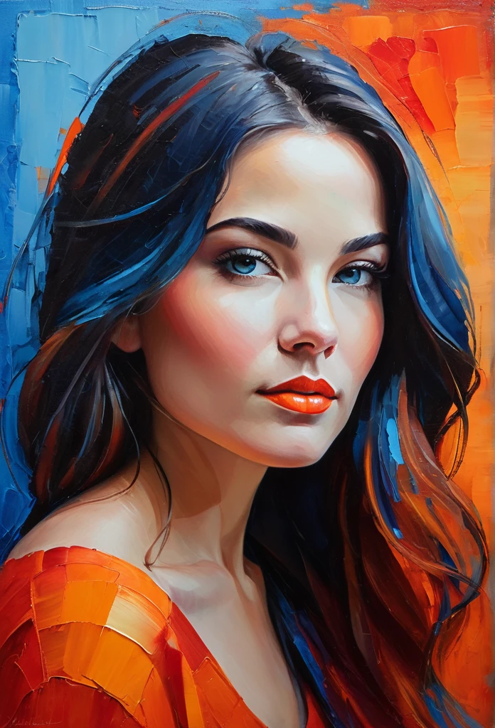 Create a serene profile portrait with the subject facing left. Use a vibrant color palette of blues, reds, and oranges. The background should be minimalistic in cool blue tones. Employ bold, visible brush strokes and the impasto technique for texture. Blend realism with abstraction, emphasizing strong contrasts and dynamic color blocking. Aim for a modern, contemplative feel.
