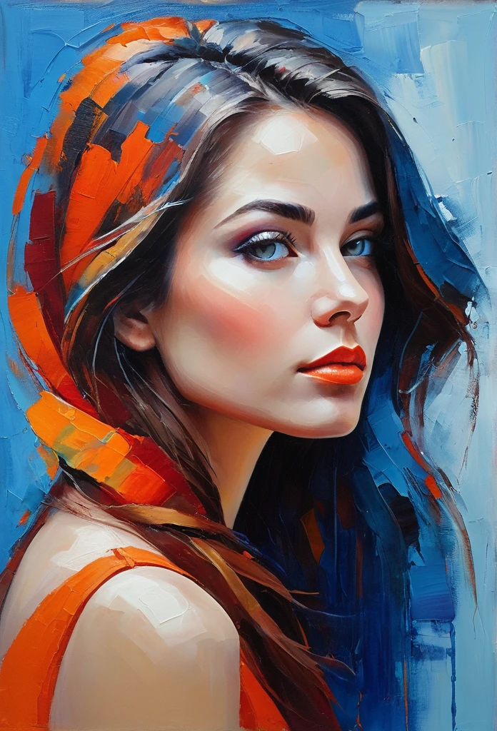 Create a serene profile portrait with the subject facing left. Use a vibrant color palette of blues, reds, and oranges. The background should be minimalistic in cool blue tones. Employ bold, visible brush strokes and the impasto technique for texture. Blend realism with abstraction, emphasizing strong contrasts and dynamic color blocking. Aim for a modern, contemplative feel.