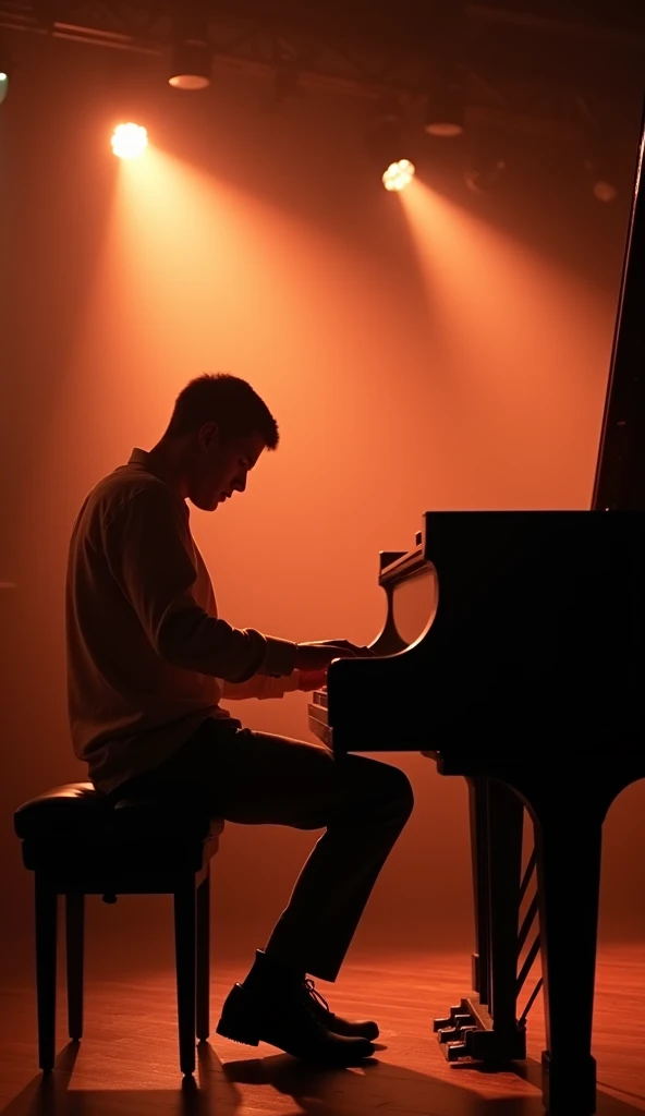 "piano, masterpiece, Better Quality, Still image, One musician on stage at night, prospect, Bright, Cheerfulness, Soft and warm lighting, sunset, Spark of Light: 0,7"