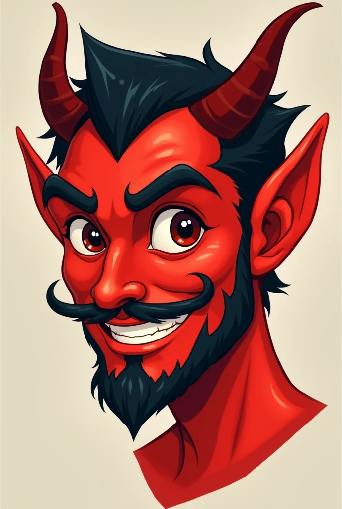 Cartoon of a devil's face with a short beard and goatee, curls, red skin and that he is handsome with not so big horns, mahogany eyes