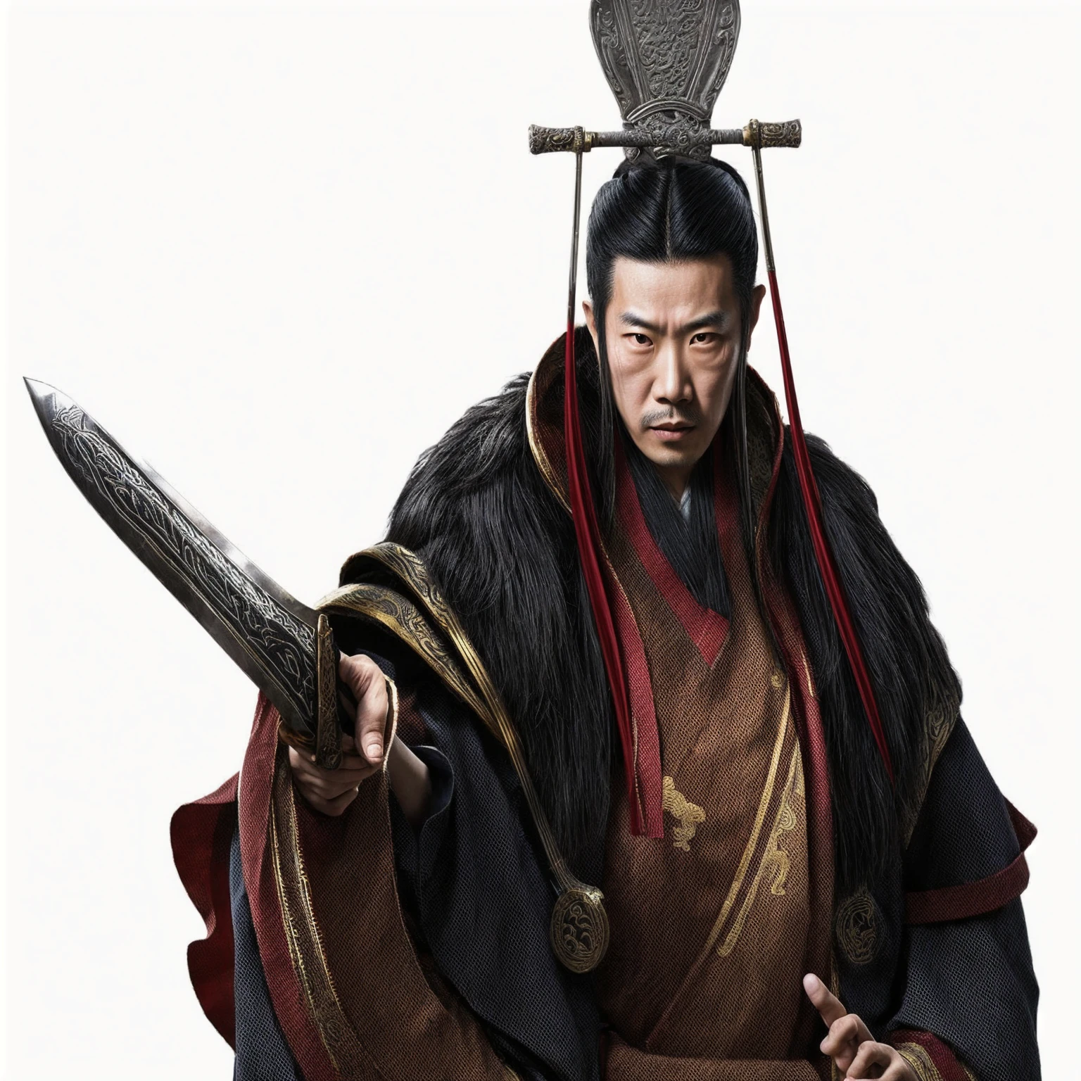 an image of an asian man dressed in traditional clothing with a sword in his hand, from three kingdoms, Emperor of the Han Dynasty, realistic, white background, 8k, super detail, ccurate, best quality