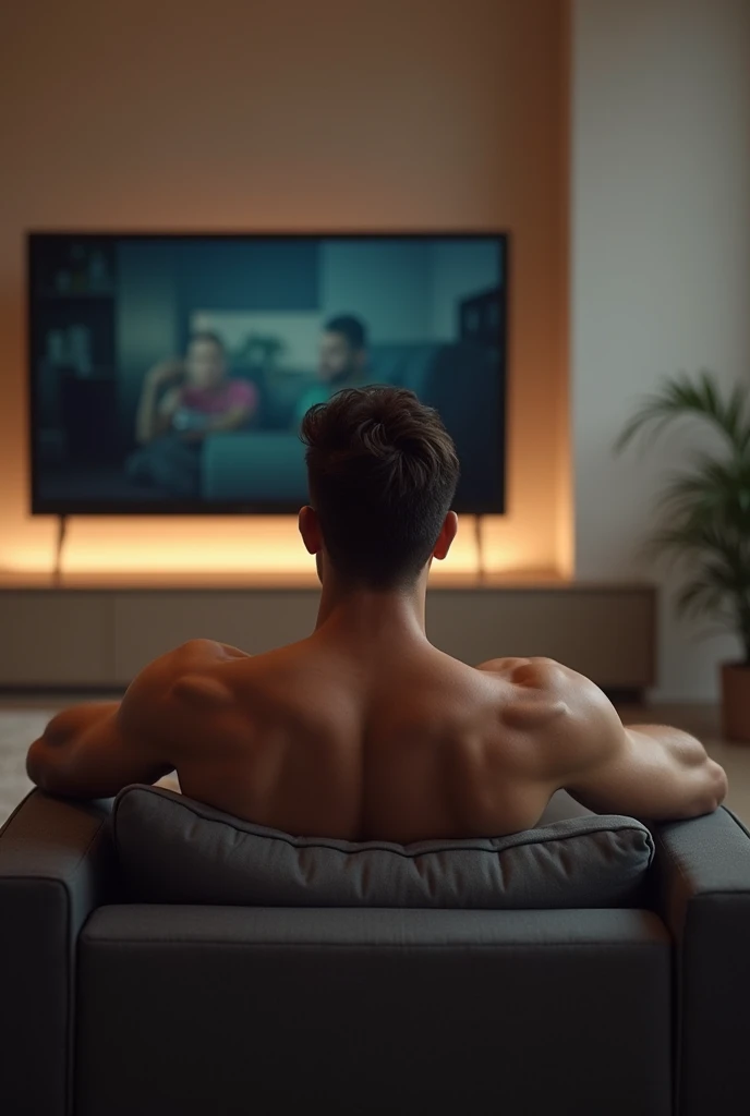 An athletic 30-year-old man watching TV without a shirt on