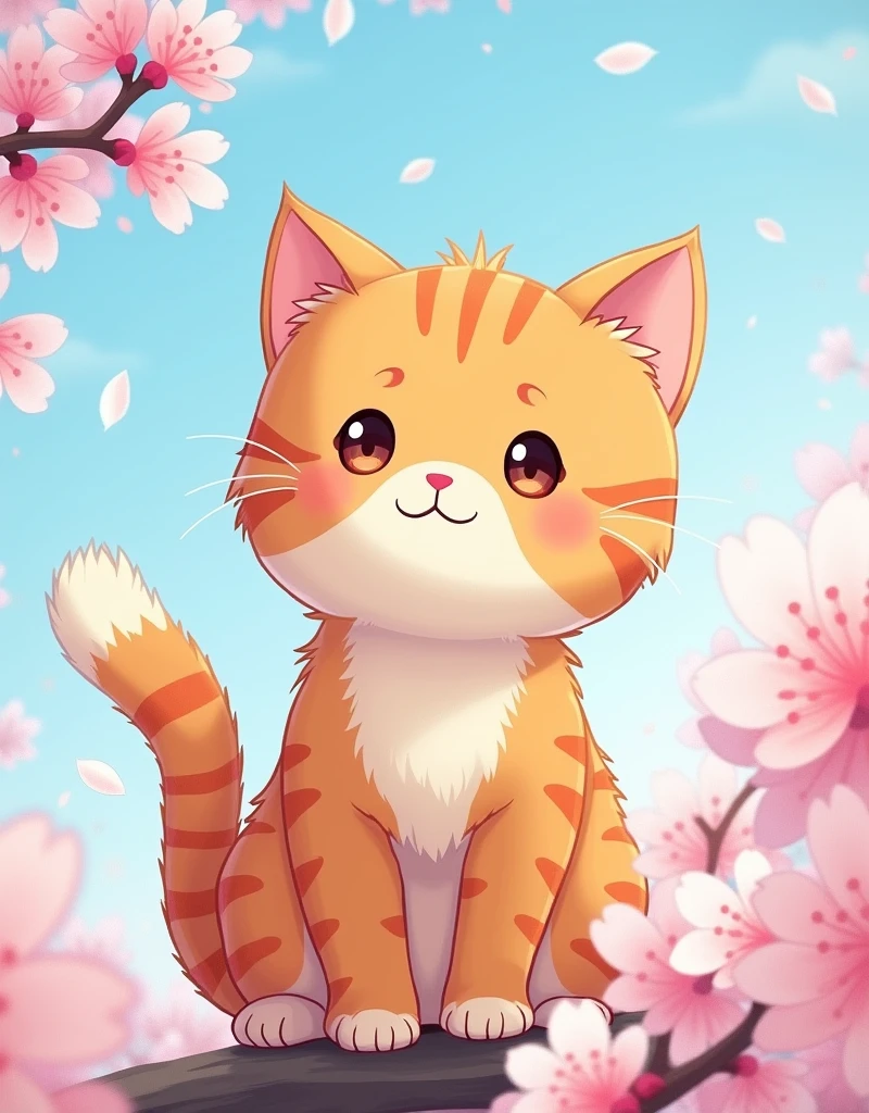 orange tabby cat,cute,(cherry_blossoms:1.5),blue sky