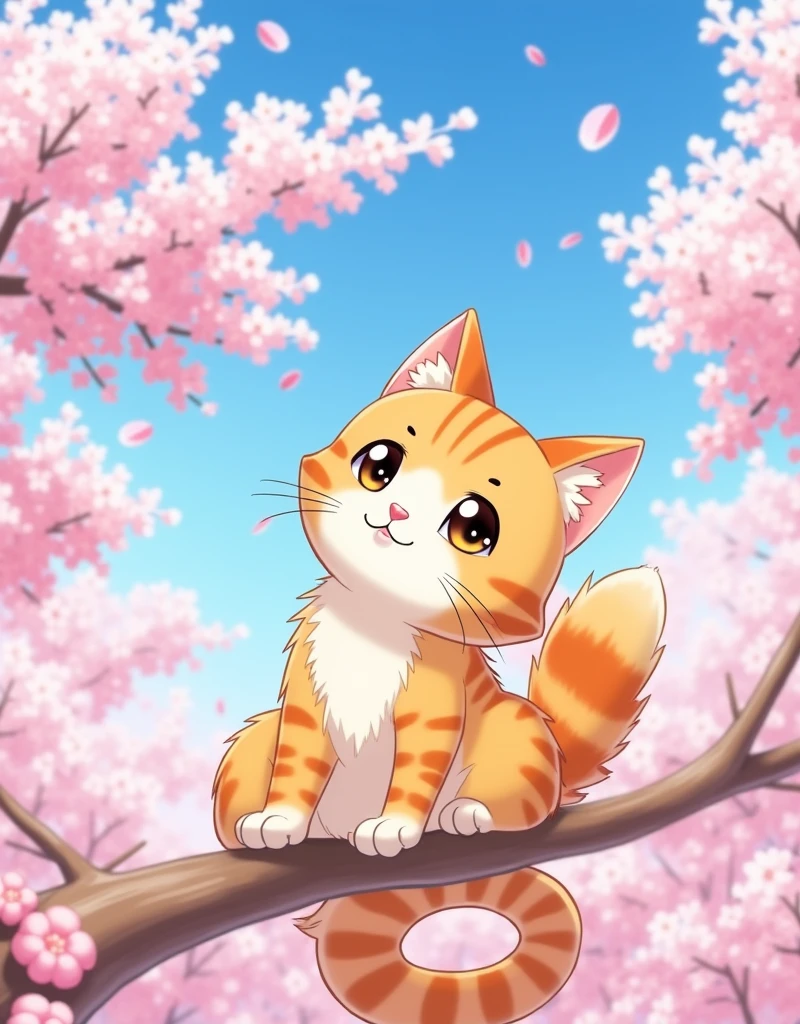 orange tabby cat,cute,(cherry_blossoms:1.5),blue sky