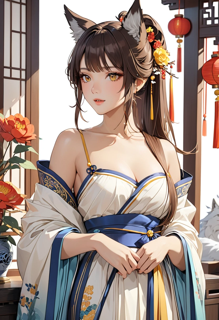 ((best quality)), ((Masterpiece)), (details), Young woman, Medium bust, brown hair, yellow eyes, ((long hair, ponytail)), handsome face, wolf ears, (Tanned skin:1.3) , Hanfu , ancient chinese dress ,decorations,hair accessories