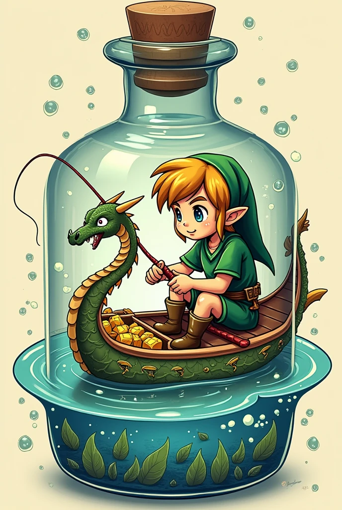 Toonlink Zelda Tattoo, on Wind Walker's dragon boat, fishing for treasure at the bottom of the lake ( the whole picture in a bottle)